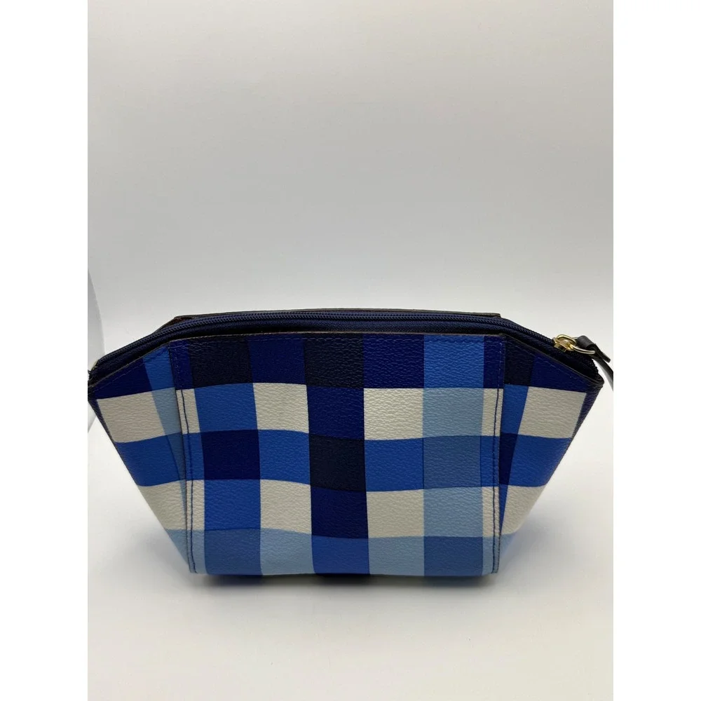 Kate Spade New‎ York Blue Gingham Check Saffiano Cosmetic Makeup Bag Pouch Zip